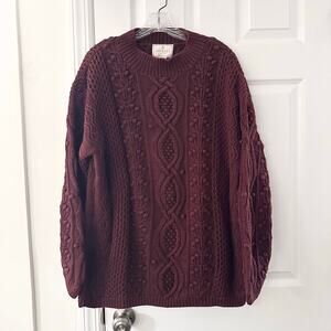 Express Tricot Handknit Burgundy Cable Knit Pompom Sweater Cottage Cozy Medium